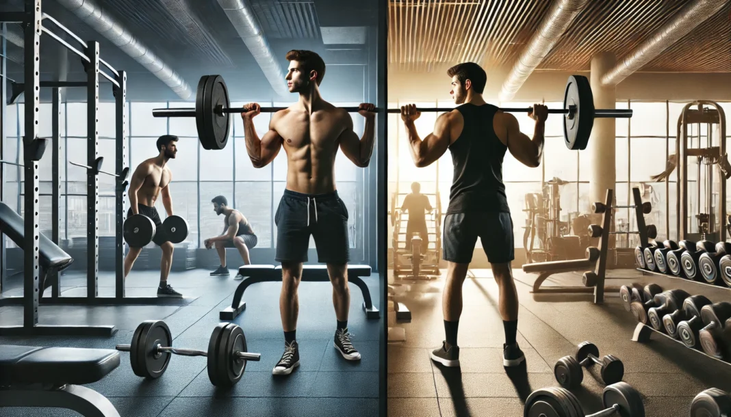 Two men training in a gym — one lifting heavy weights with low reps, the other lifting moderate weights with high reps — highlighting the difference between strength training and muscle growth.