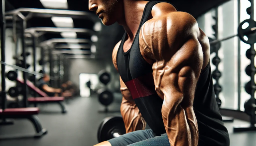 Close-up of muscular arms and shoulders under strain during a weightlifting workout, showcasing muscle definition and the impact of hypertrophy training.