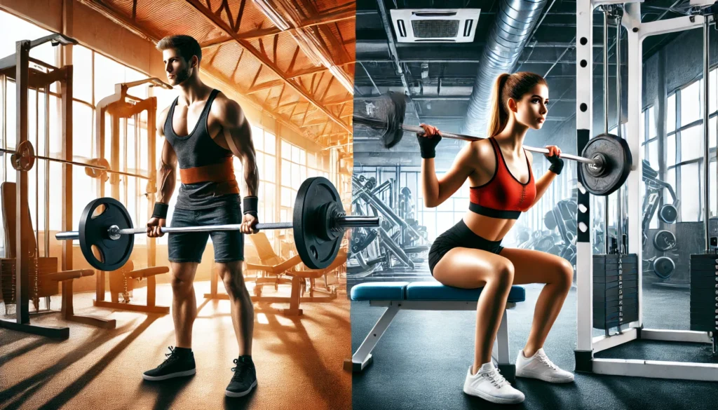 Male athlete performing powerlifting with a barbell and female athlete using resistance machines in a modern gym, illustrating diverse approaches to strength and muscle development.