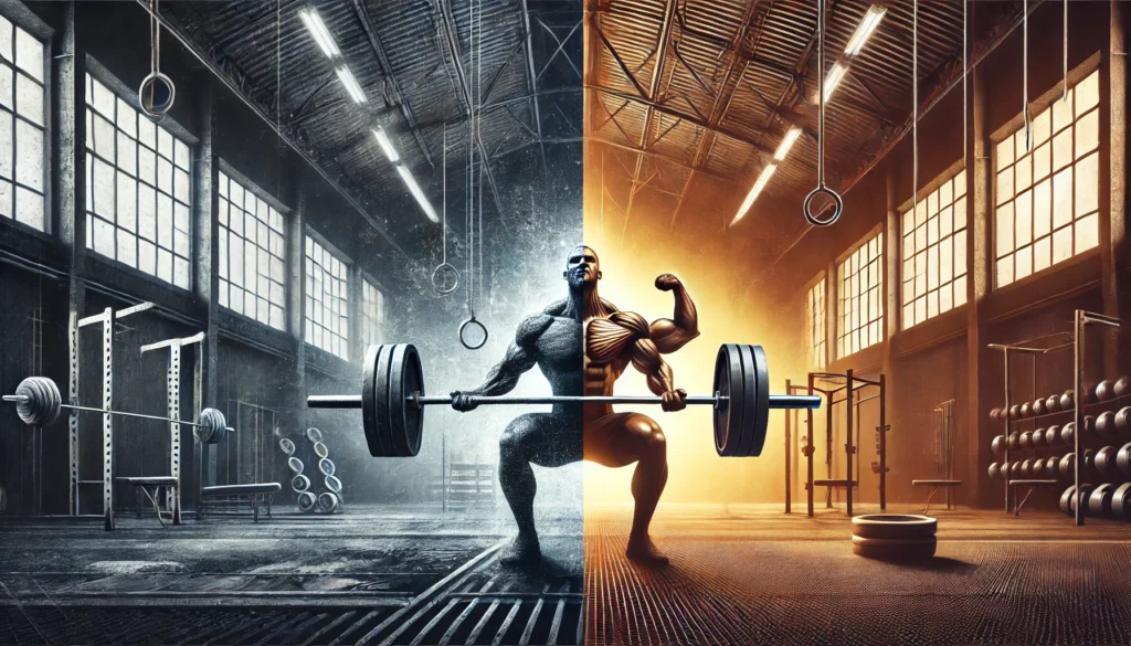 Abstract concept showing a strong figure lifting a heavy barbell in an industrial gym beside a bodybuilder flexing under stage lights, symbolizing the difference between performance and physique.