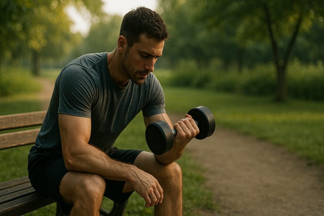 A fit man performs a seated bicep curl with a dumbbell on a wooden park bench, his focused expression and tensed arm muscles highlighted by soft morning light. The calm greenery and open-air environment underscore the article's message about integrating resistance training into a performance health routine for strength and function.