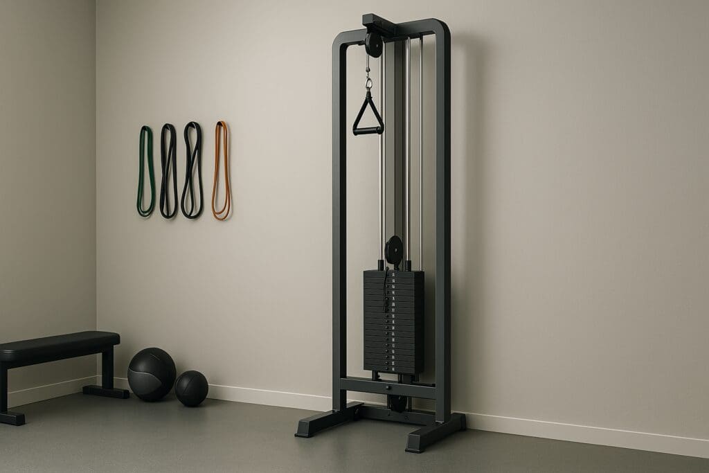 A modern cable pulley machine stands against a clean gray wall in a minimalist clinical gym, with resistance bands, medicine balls, and a bench arranged in an organized layout. The neutral color scheme and cool lighting emphasize the strategic, structured nature of resistance training for performance health.