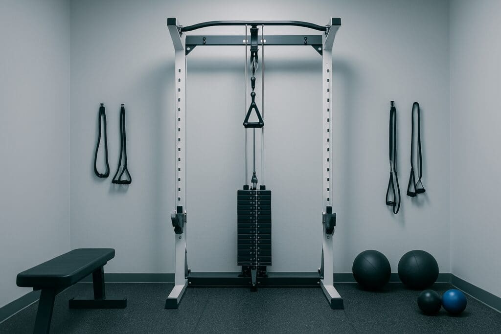 A minimalist gym corner features a white cable pulley machine, resistance bands in various colors, and a black weight bench, all resting on speckled rubber flooring. The soft, even lighting and neutral background create an inviting space ideal for resistance training in a performance-focused home fitness routine.
