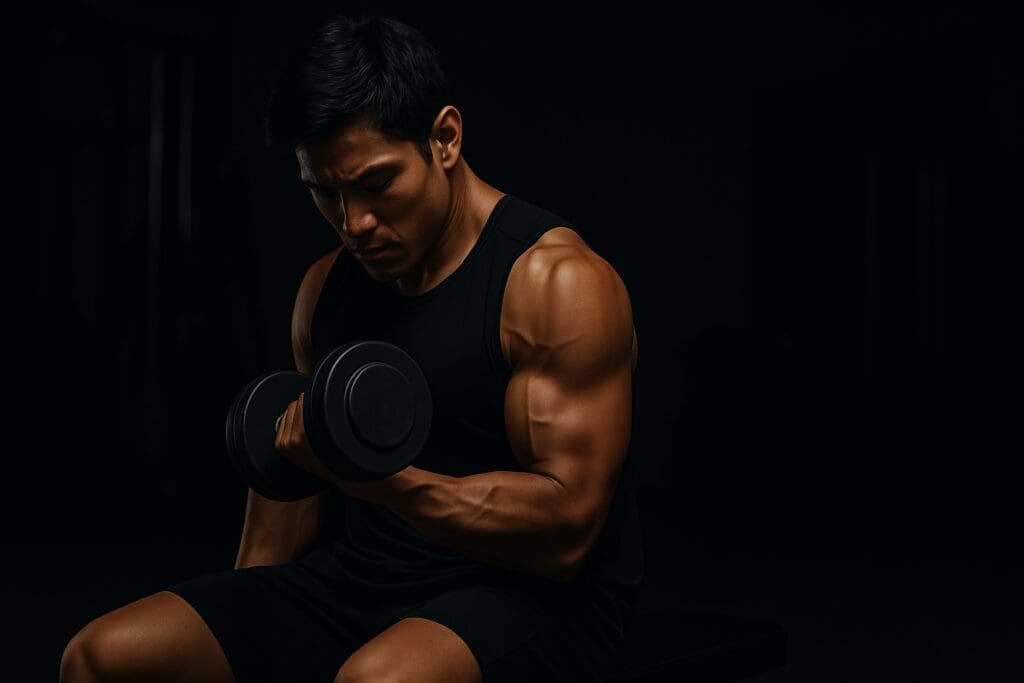 A muscular Asian man performs a focused dumbbell bicep curl while seated in a dark gym, his physique sharply defined by moody overhead lighting. The wide landscape format enhances the dramatic contrast between strength and solitude in high-performance resistance training.