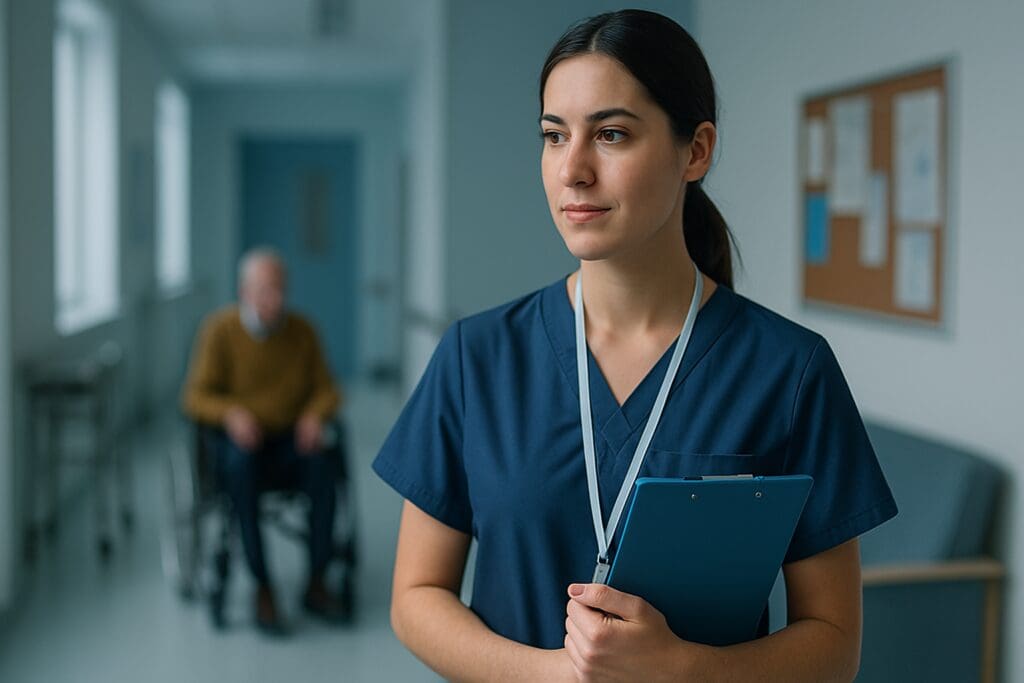 A young female caregiver stands in a senior care facility under cool clinical lighting, holding a clipboard and observing her surroundings attentively. The neutral corridor and blurred elderly figure in the background emphasize the professional and supportive environment of modern caregiving.