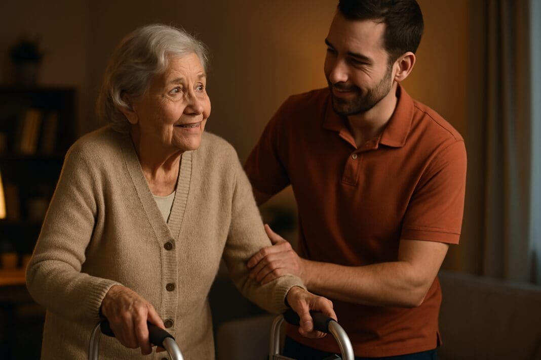 An elderly woman using a walker is gently supported by a young male caregiver in a warmly lit living room. The cozy indoor setting and caring interaction portray the trust and attentiveness involved in senior personal care.