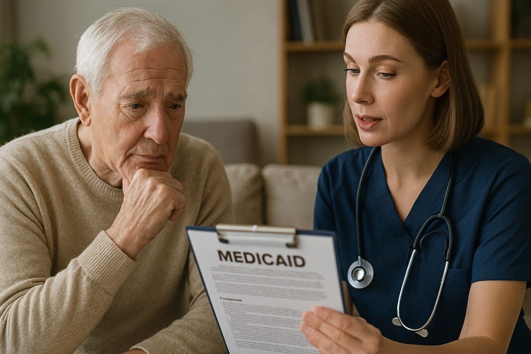 An elderly man and a healthcare professional review a Medicaid document together in a softly lit living room, illustrating the real-world conversations seniors and caregivers have about respite care coverage. The warm, home-like environment emphasizes accessibility and the importance of understanding Medicaid respite benefits.