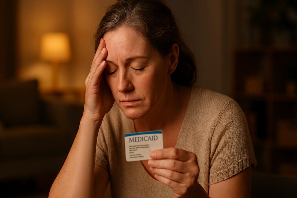 A middle-aged woman sits alone in a warmly lit living room, holding a Medicaid card while resting her head in her hand with a worried expression. This scene symbolizes the emotional stress caregivers face while exploring whether Medicaid covers respite care costs.