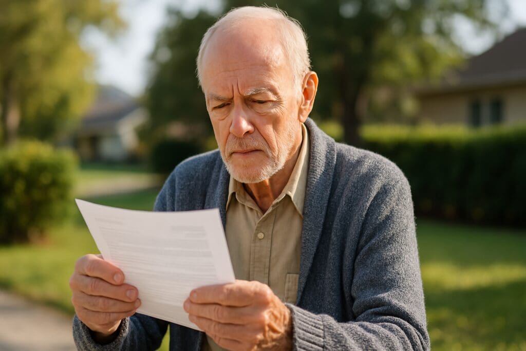 An elderly man with white hair and a beard reads a document outdoors in soft morning sunlight, surrounded by suburban greenery. The calm scene visually represents questions like "Does Medicaid pay for respite care?" as he reflects on healthcare costs for seniors.