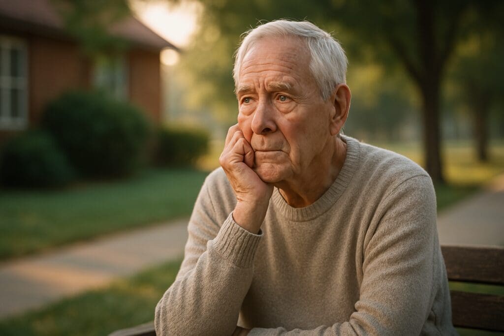 An elderly man in a beige sweater sits alone on a park bench in soft natural morning light, surrounded by blurred greenery in a quiet suburban neighborhood. The scene captures a reflective mood, symbolizing the emotional need for respite care and how Medicaid may support aging adults in peaceful settings.