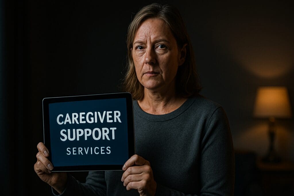 A middle-aged Caucasian woman with shoulder-length hair stands in a dim room illuminated by moody, dramatic lighting as she holds a glowing tablet displaying the phrase "Caregiver Support Services." The contrast between the soft lamp light and cooler shadows conveys the emotional complexity of seeking support for family caregiving.