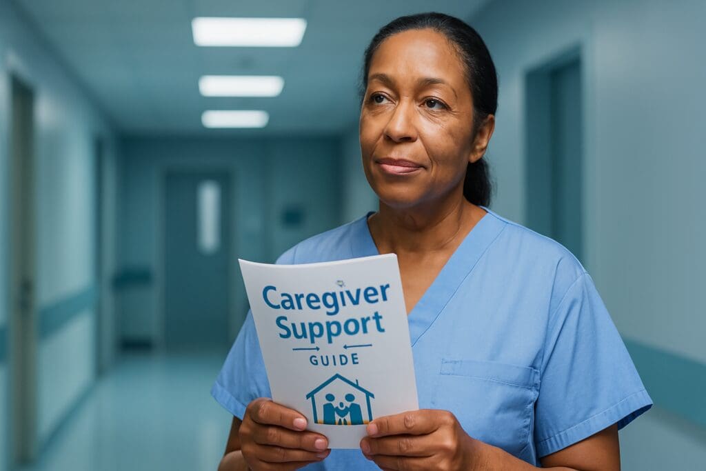 An African American female healthcare worker in light blue scrubs stands in a clean clinical environment under cool fluorescent lighting, holding a pamphlet labeled "Caregiver Support." Her calm expression and focused posture highlight the importance of accessible caregiver resources through national programs.