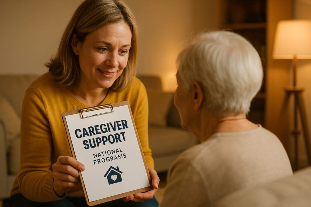  A middle-aged female caregiver with blonde hair gently supports an elderly woman in a warmly lit living room, holding a caregiver support resource guide. The ambient indoor lighting and soft furnishings create a comforting atmosphere that emphasizes the theme of compassionate caregiver services and trusted national support programs.