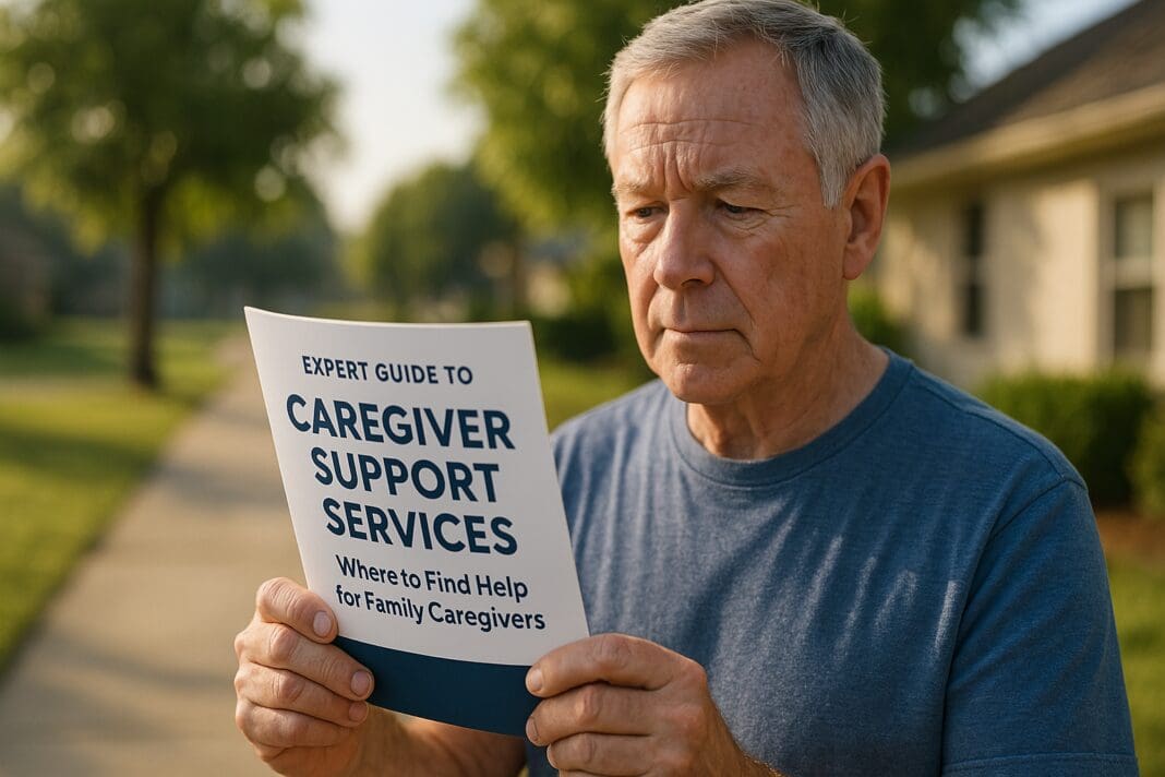 An older Caucasian man in his 60s reads a caregiver support brochure while sitting outdoors in a quiet suburban neighborhood. Soft natural morning light filters through nearby trees, adding warmth to the scene and emphasizing the man's thoughtful expression as he searches for trusted caregiver assistance resources.