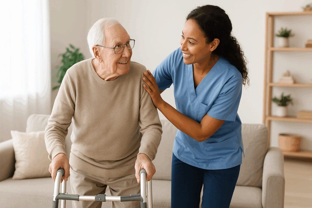 Caregiver helping elderly man with a walker at home, showing how to get in-home care for elderly loved ones with compassion.