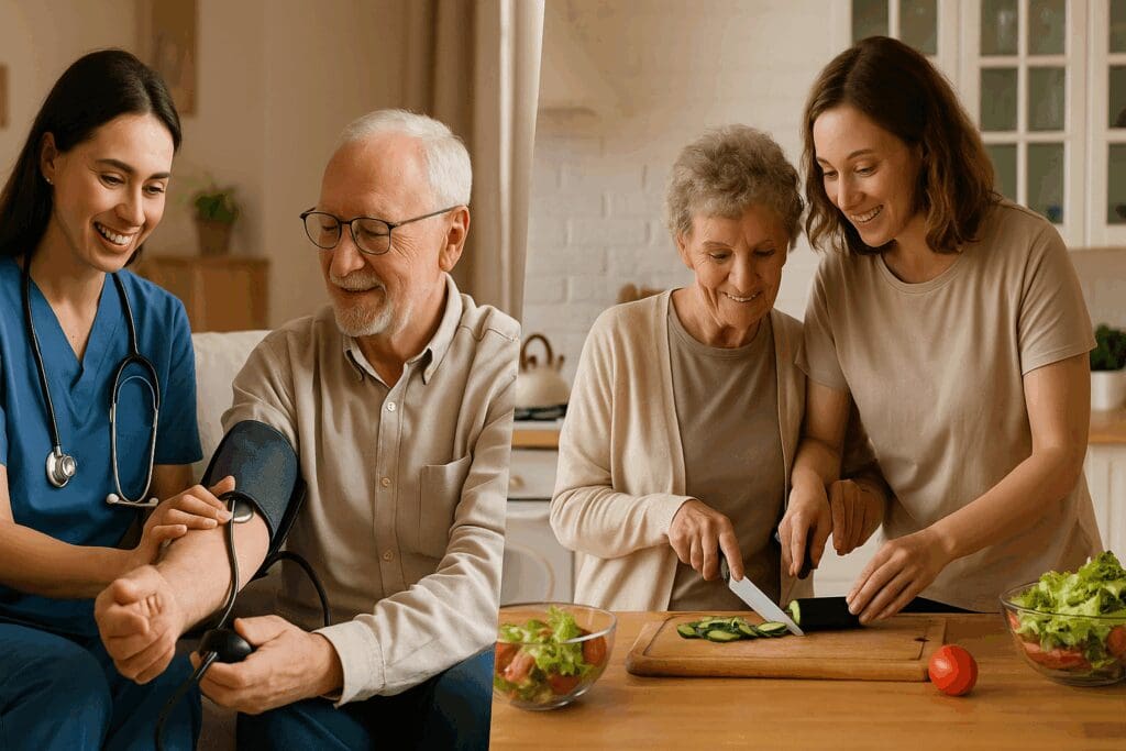 Medical professional checking senior man's blood pressure and caregiver assisting elderly woman with meal prep at home, illustrating how to get in-home care for elderly loved ones.

