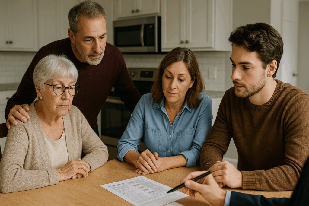 Family discussing how to get in-home care for elderly loved ones with a senior care coordinator at a kitchen table