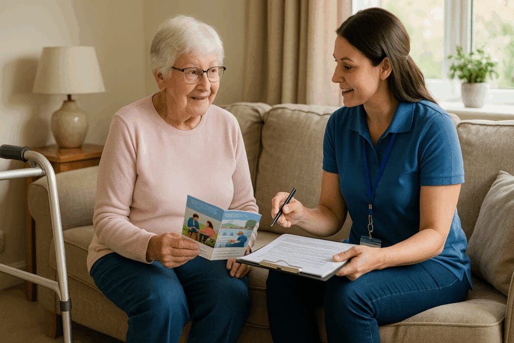Elderly woman speaking with a social worker at home while reviewing care options, illustrating how to get in-home care for elderly loved ones.








