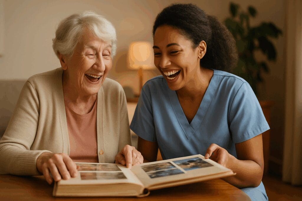 Caregiver and elderly woman smiling together while looking at a photo album, showing how to get in-home care for elderly loved ones.

