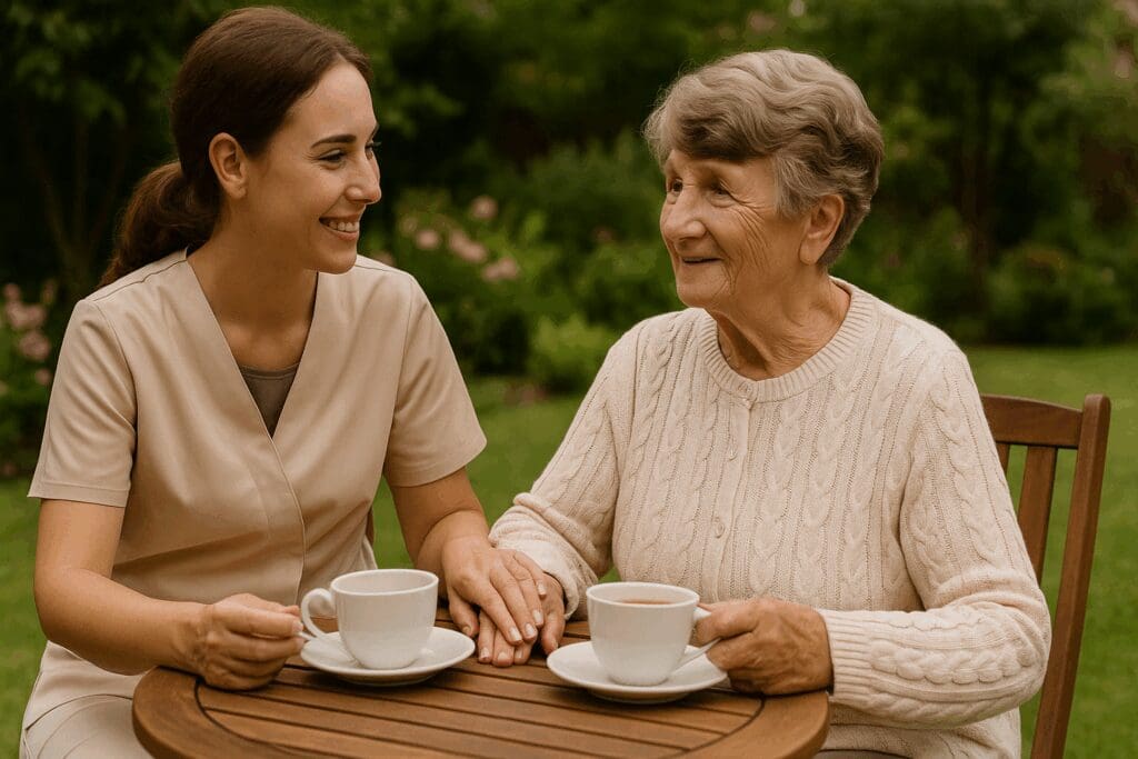 Caregiver and elderly woman sharing tea in a garden during a trust-building visit, symbolizing how to get in-home care for elderly loved ones.

