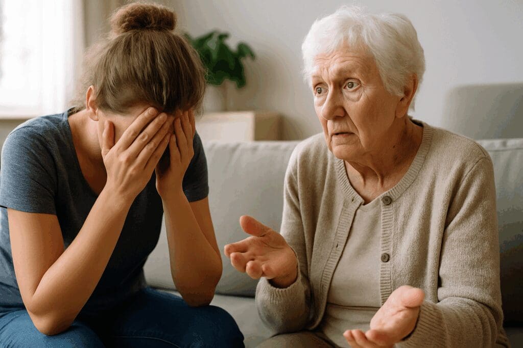 Stressed caregiver with head in hands beside confused senior in home setting, showing the emotional toll of respite care for dementia patients near me