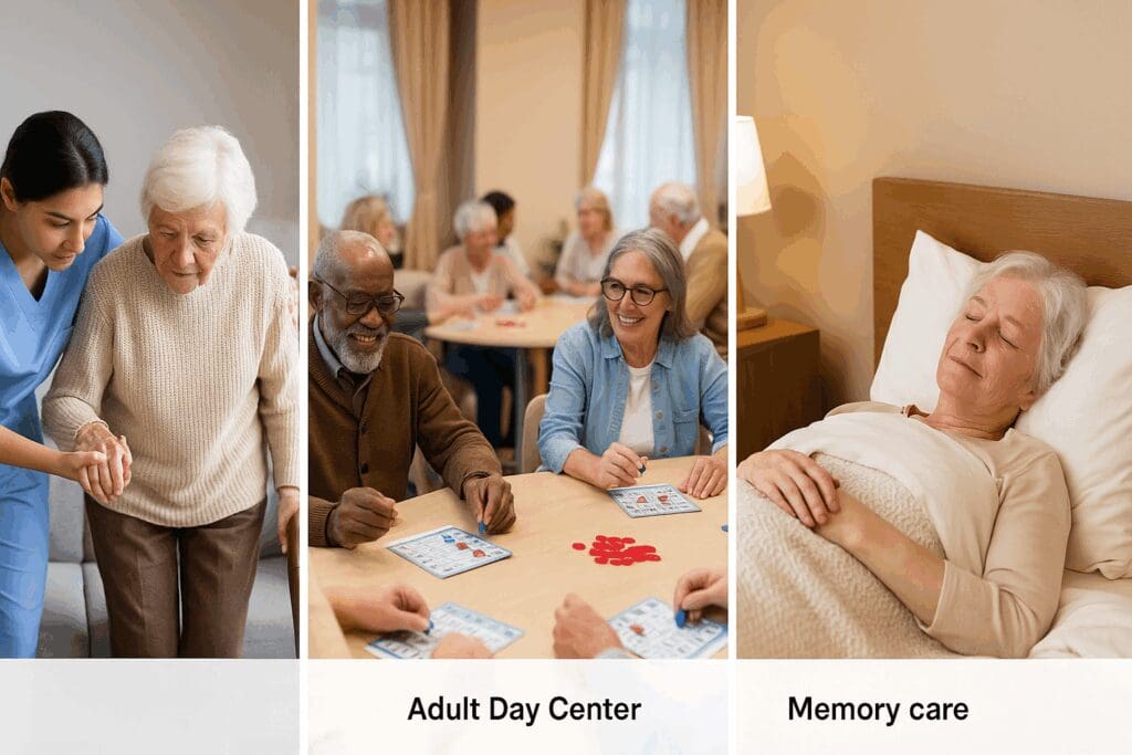 Three types of respite care for dementia patients near me including in-home caregiver support, adult day center activities, and memory care facility rest.