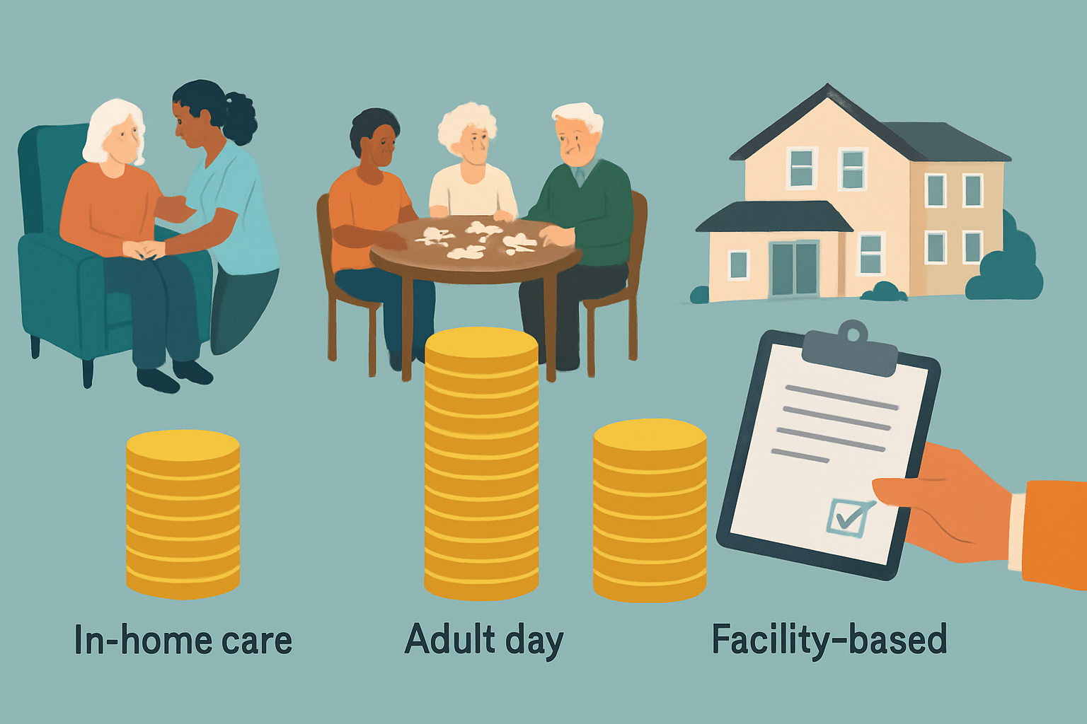 Conceptual infographic comparing costs of in-home care, adult day programs, and facility-based respite care for dementia patients near me, with coin stacks and a financial aid illustration.