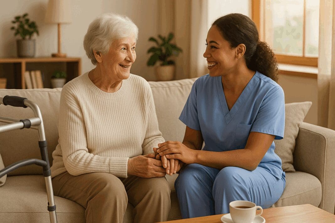 Smiling caregiver in medical scrubs holding hands with an elderly woman in a cozy living room, illustrating personal home care services with emotional connection and trust.