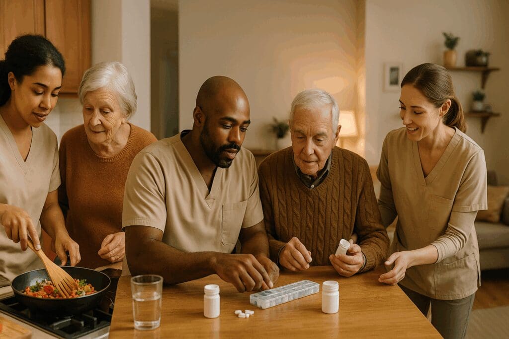 Caregivers providing personal home care services by helping seniors cook, manage medications, and stay active at home.