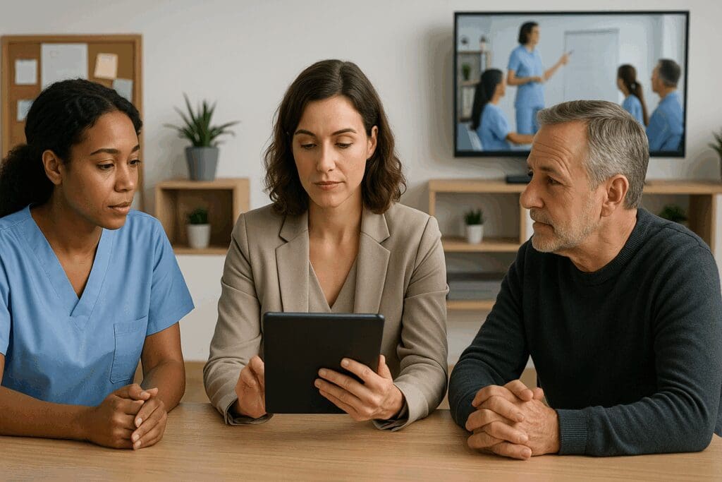 Care coordinator discussing senior wellness plan with caregiver and family member at a personal home care services agency office.