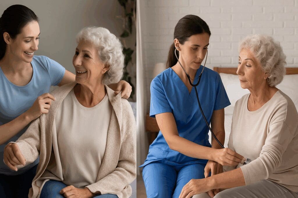 Split scene of personal home care services with a caregiver helping an elderly woman dress, and a nurse providing medical treatment at home