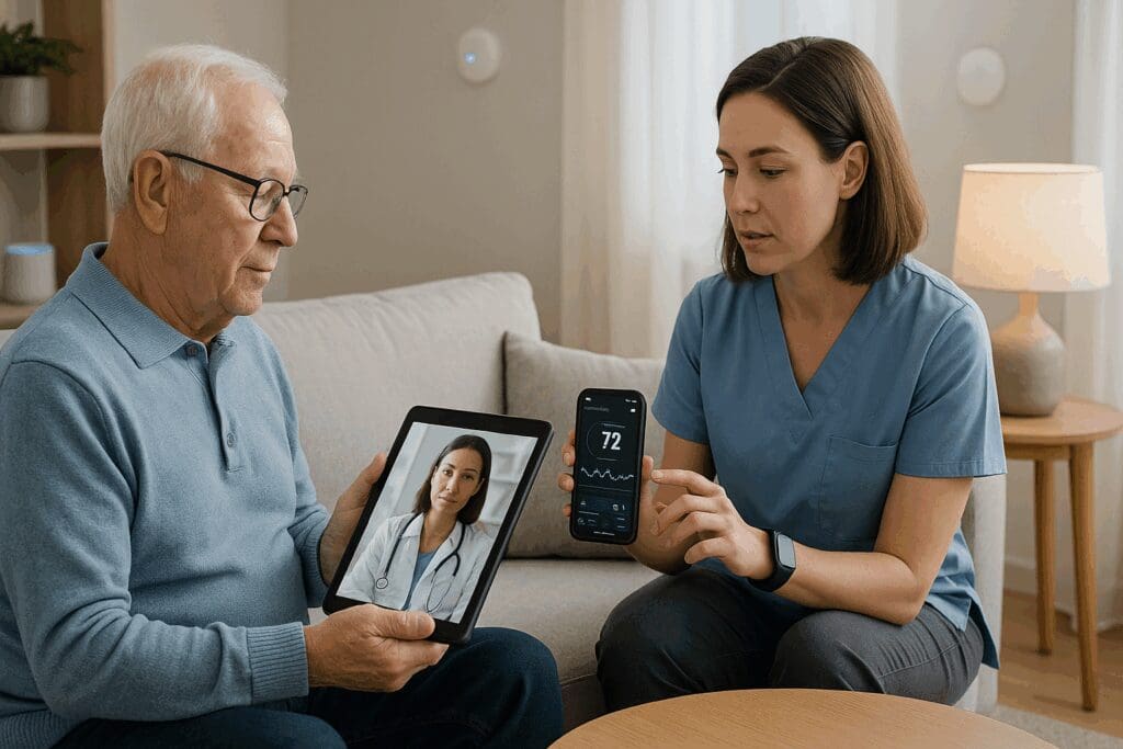 Senior receiving telehealth support as a caregiver monitors wearable data in a smart home setup for personal home care services.