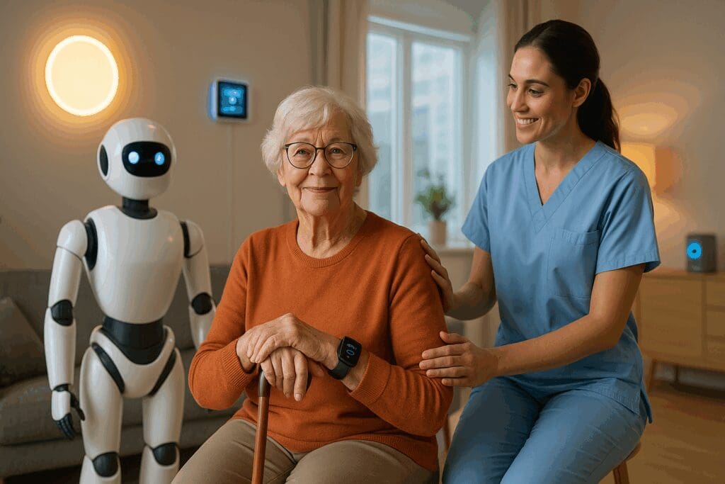 Elderly woman receiving personal home care services from a caregiver and robotic assistant in a smart, high-tech living room.