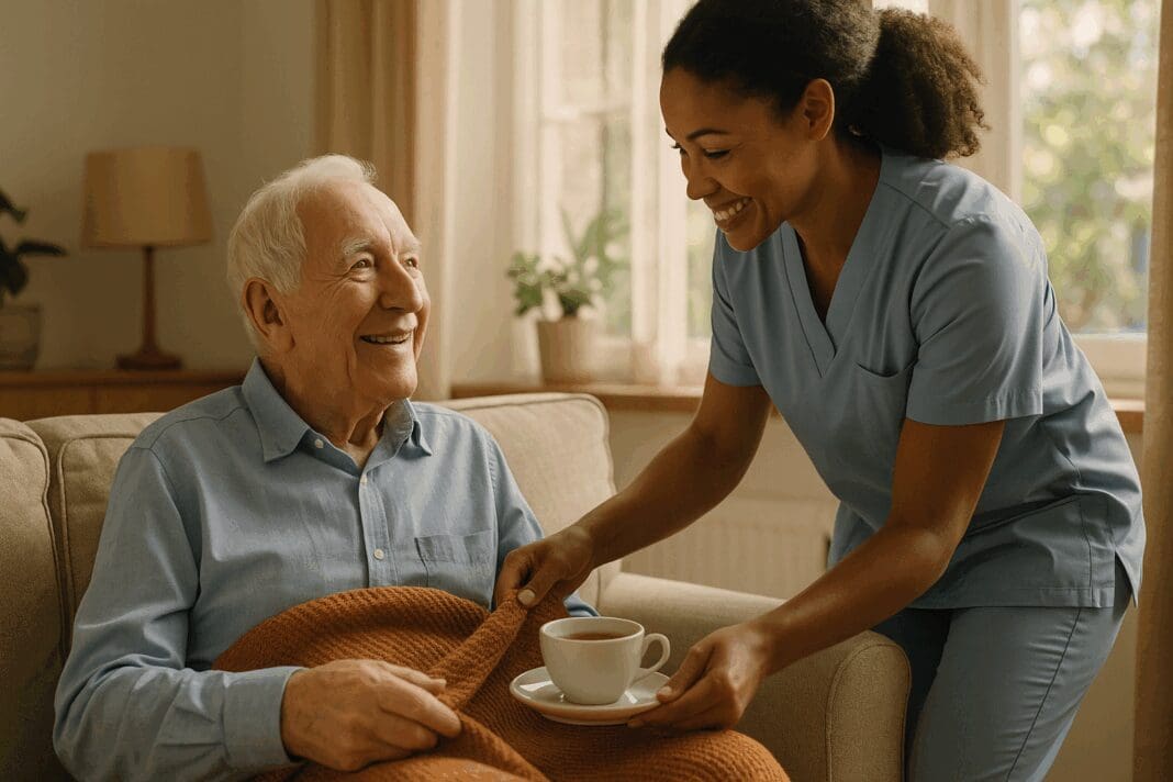 Smiling senior man receiving tea from a caregiver in a cozy sunlit living room, illustrating compassionate in home aide services.