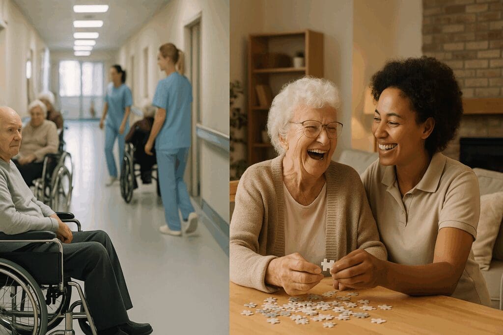 Elderly woman laughing with caregiver during a puzzle activity at home, illustrating the warmth of in home aide services compared to institutional care.








