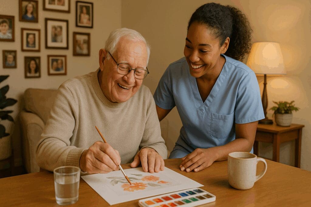 Older adult painting with support from a smiling caregiver, showing personalized in home aide services in a cozy, well-lit living room.








