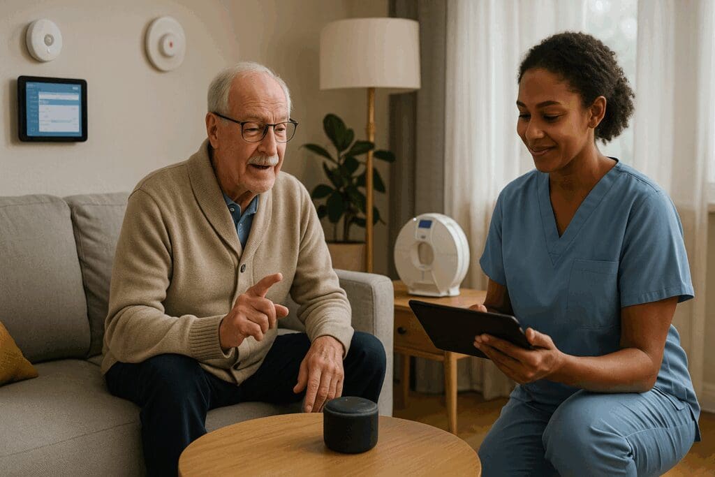 Senior man using a voice assistant while receiving in home aide services from a caregiver entering health data on a tablet in a tech-enabled living room

