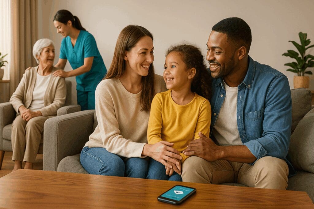 Multigenerational family smiling in a living room while a caregiver provides in home aide services to an elderly woman in the background.

