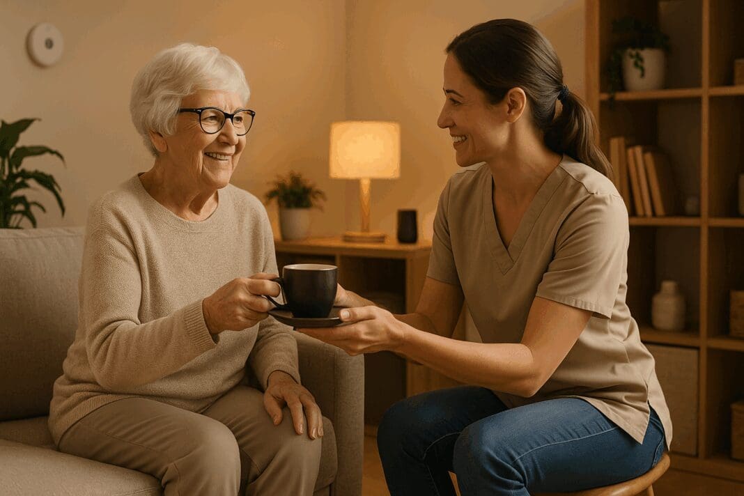 Smiling elderly woman receiving tea from caregiver in cozy living room supported by non medical home care agencies.