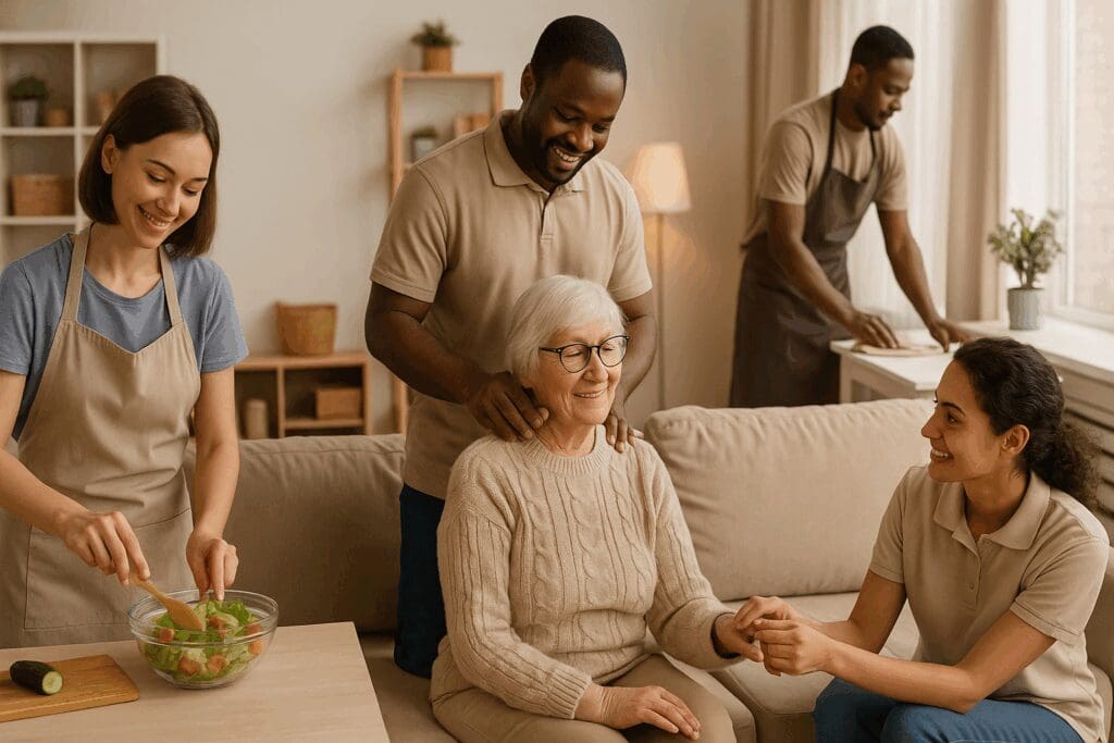 Caregivers from non medical home care agencies assisting seniors with meal prep, light cleaning, and grooming in a cozy living room.
