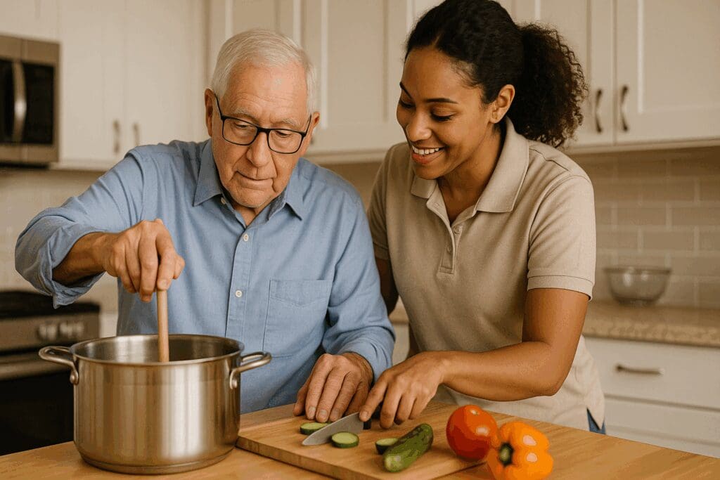 Caregiver from non medical home care agencies helping senior with limited mobility cook in a bright kitchen