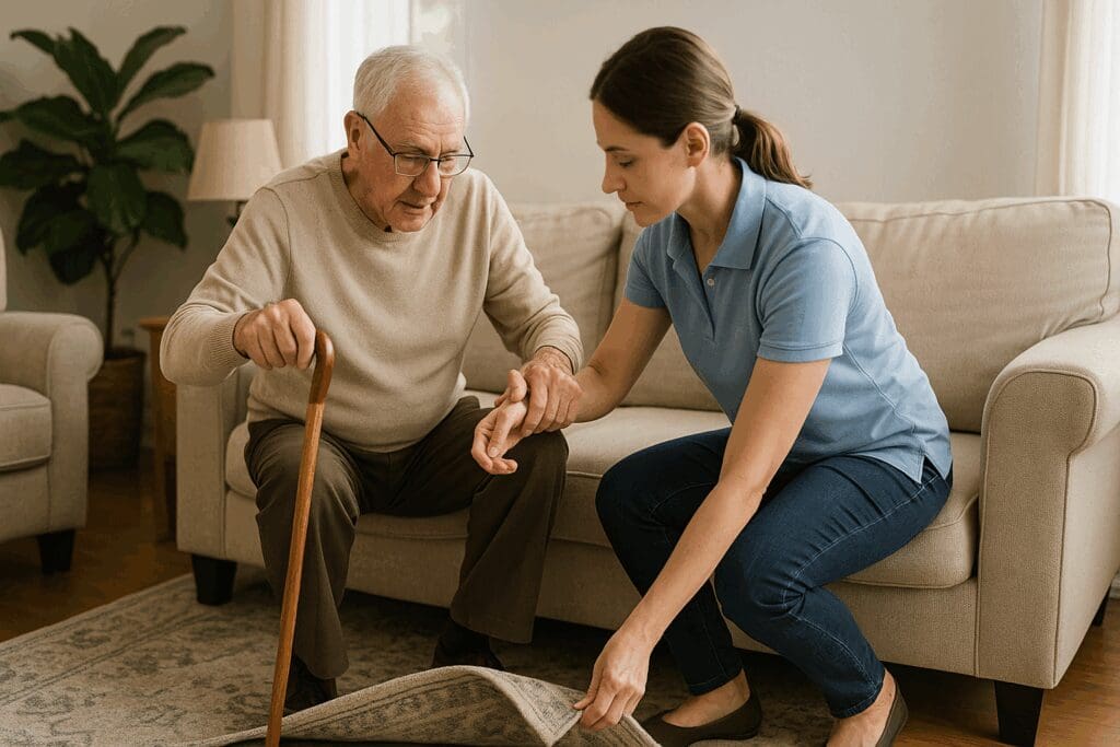 Caregiver assisting elderly man with mobility exercises in a cozy living room, representing services offered by non medical home care agencies.

