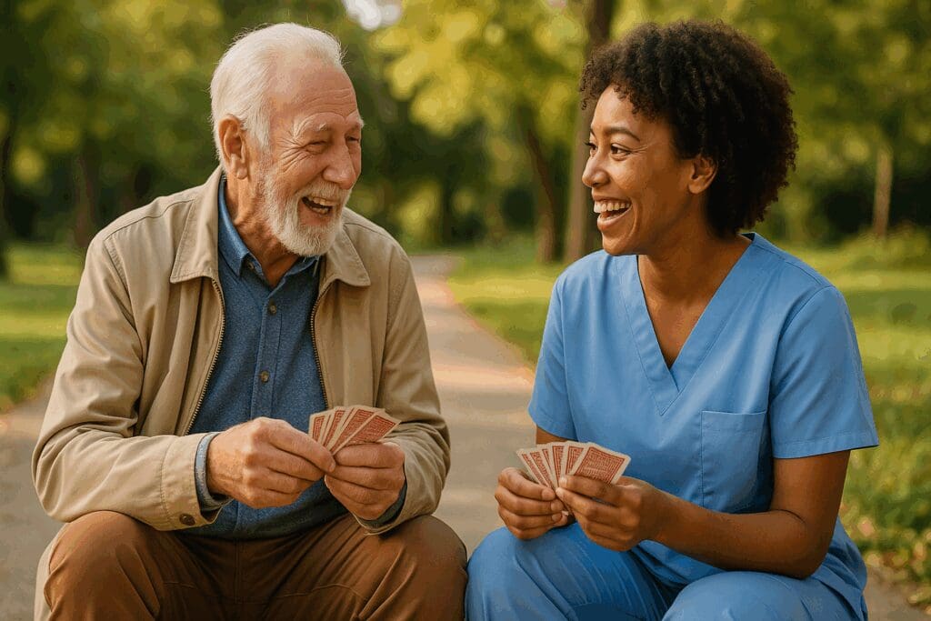 Smiling caregiver playing cards with an elderly man outdoors, showing the social benefits provided by non medical home care agencies.








