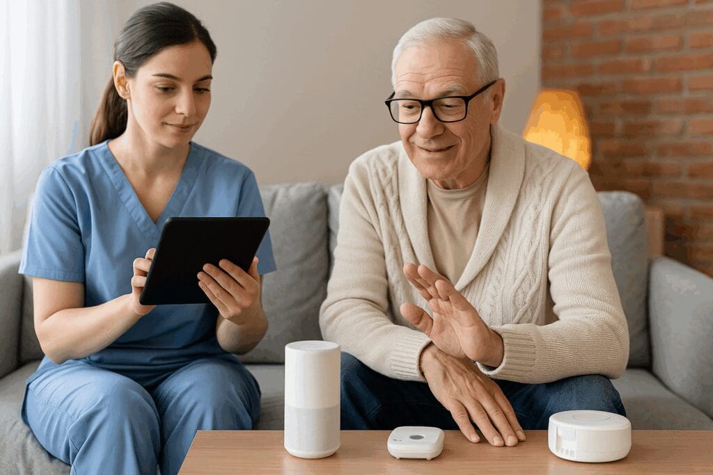 Caregiver using a tablet to update care plan while an elderly man interacts with a smart speaker, illustrating technology used by non medical home care agencies.

