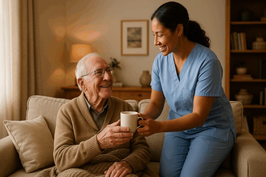 Senior man smiling on couch as live in home health care aide hands him a warm mug in a cozy, well-lit living room.