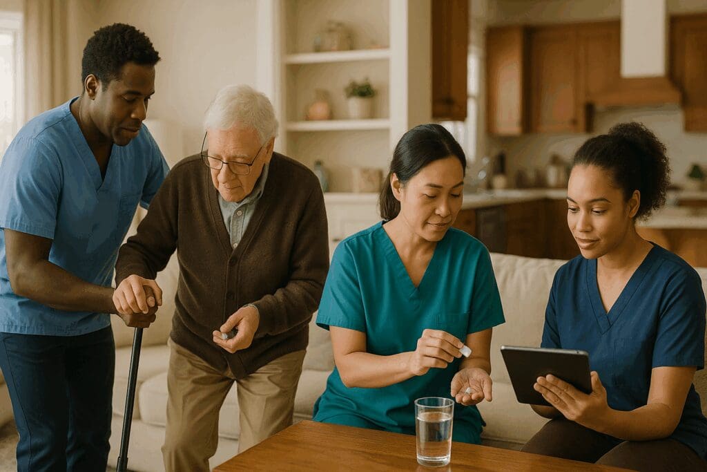 Caregivers assisting seniors with mobility, medication, and health monitoring in a cozy home setting, representing trusted in home services.

