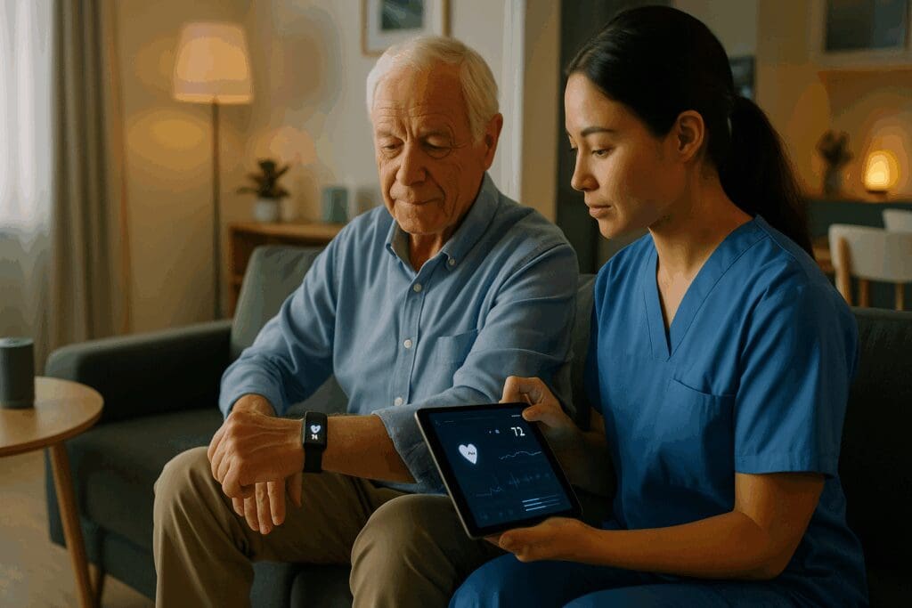 Senior man wearing a health monitoring wristband while caregiver checks vitals on a tablet, illustrating trusted in home services using smart technology.









