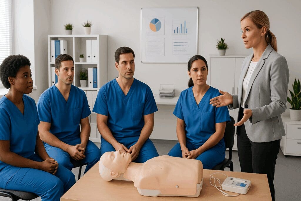 Caregivers receiving CPR training from a supervisor in a bright office setting, illustrating trusted in home services through professional safety instruction.







