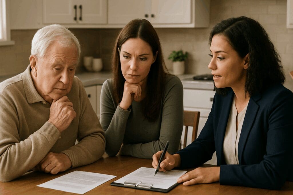 Senior man, adult daughter, and care coordinator reviewing a care plan at a kitchen table, illustrating trusted in home services.

