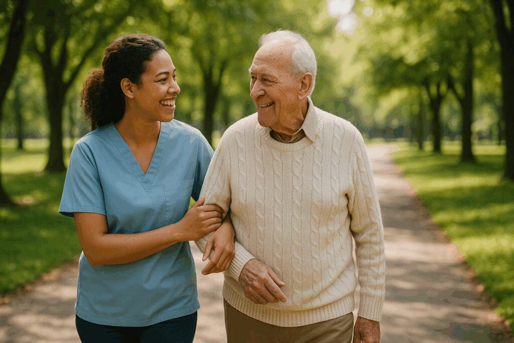 Caregiver walking arm-in-arm with a smiling senior man in a sunny park, symbolizing trusted in home services and emotional support.








